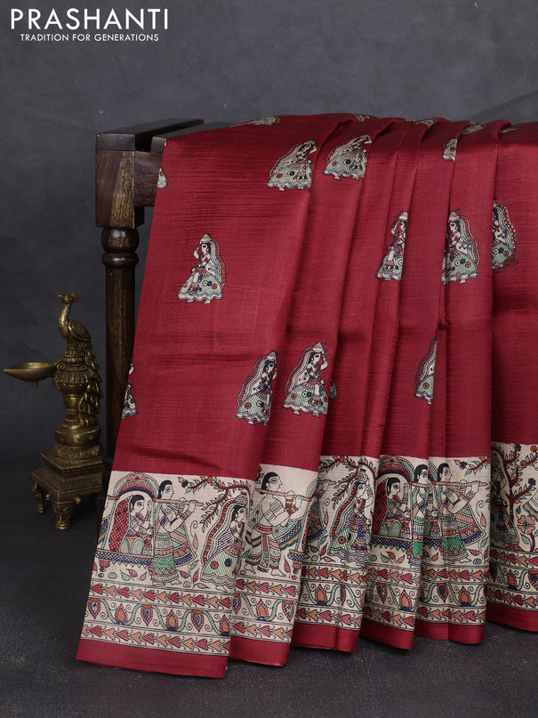 Madhubani printed silk saree maroon and beige with butta prints and madhubani printed border
