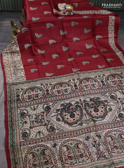 Madhubani printed silk saree maroon and beige with butta prints and madhubani printed border