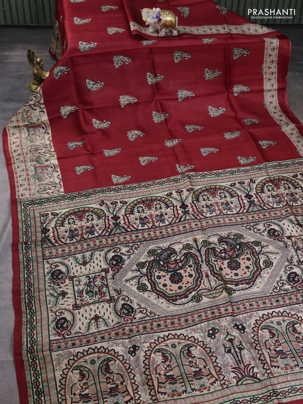 Madhubani printed silk saree maroon and beige with butta prints and madhubani printed border