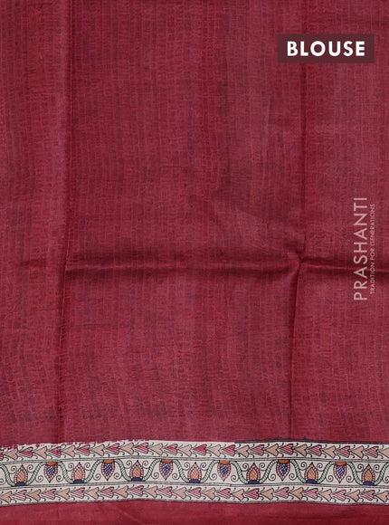 Madhubani printed silk saree maroon and beige with butta prints and madhubani printed border