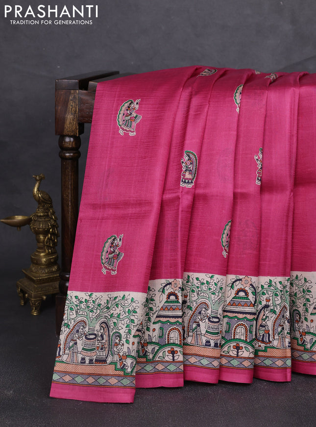 Madhubani printed silk saree dark pink and beige with butta prints and madhubani printed border