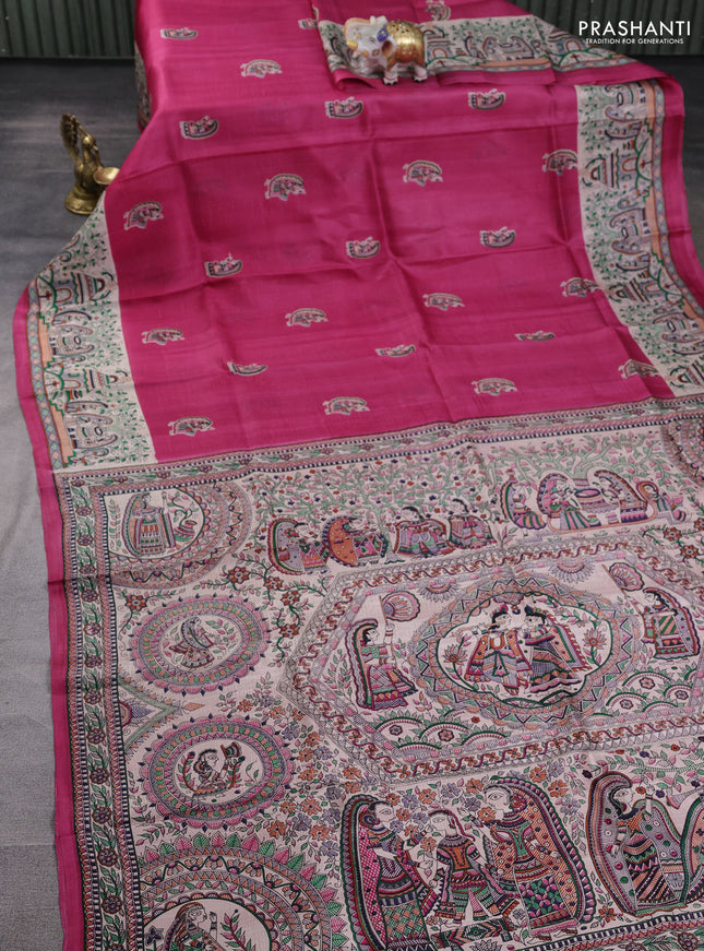 Madhubani printed silk saree dark pink and beige with butta prints and madhubani printed border