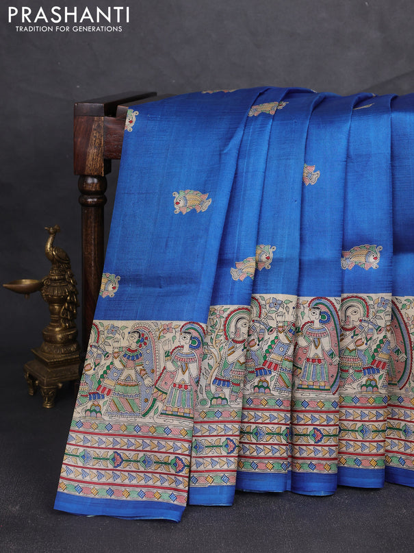 Madhubani printed silk saree blue and beige with butta prints and madhubani printed border