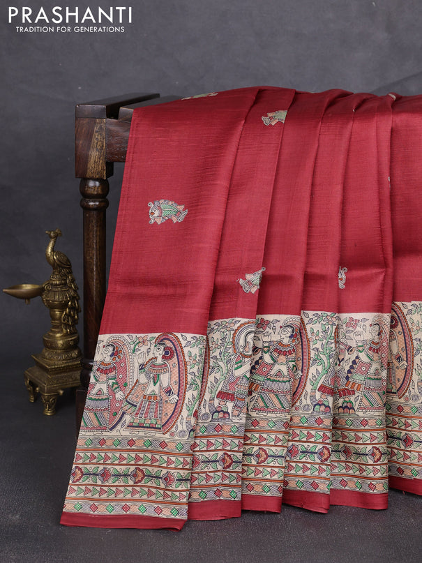 Madhubani printed silk saree maroon and beige with butta prints and madhubani printed border
