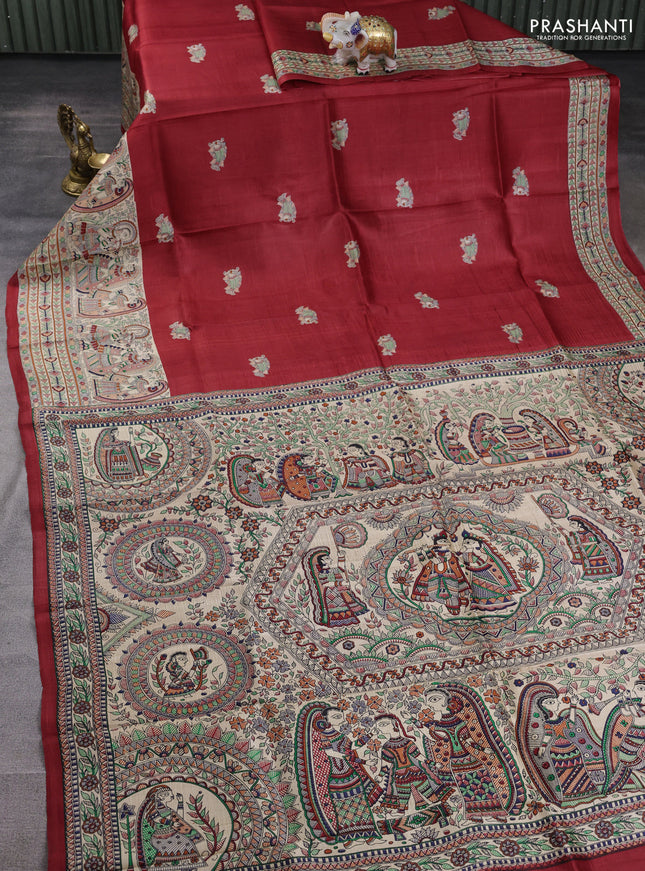 Madhubani printed silk saree maroon and beige with butta prints and madhubani printed border