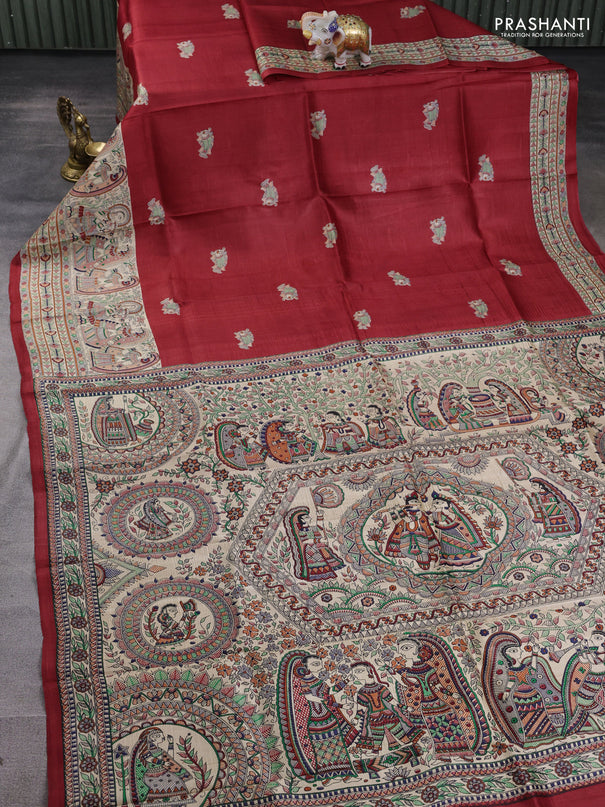 Madhubani printed silk saree maroon and beige with butta prints and madhubani printed border