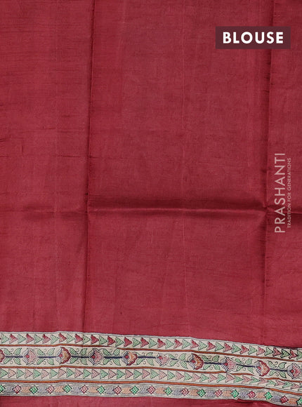 Madhubani printed silk saree maroon and beige with butta prints and madhubani printed border