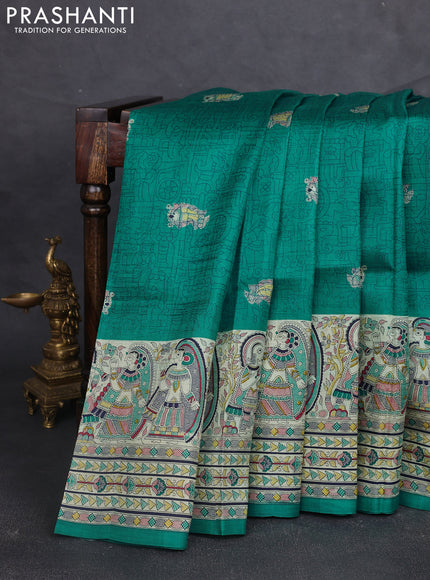 Madhubani printed silk saree teal green and beige with butta prints and madhubani printed border