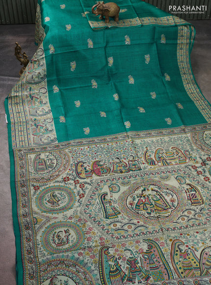 Madhubani printed silk saree teal green and beige with butta prints and madhubani printed border