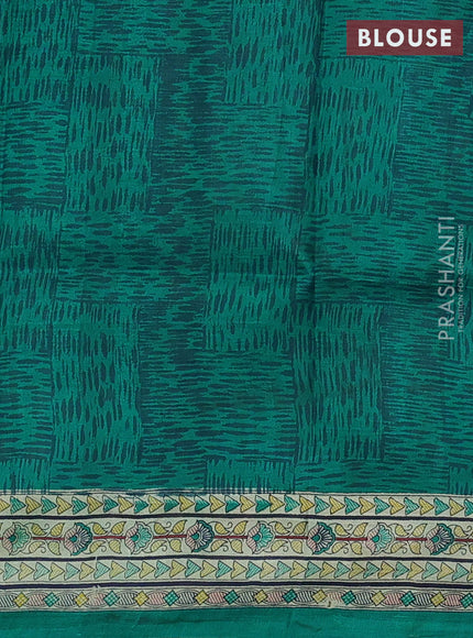 Madhubani printed silk saree teal green and beige with butta prints and madhubani printed border