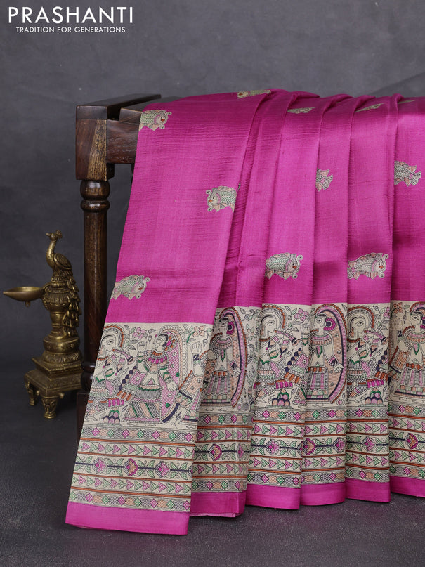 Madhubani printed silk saree pink and beige with butta prints and madhubani printed border