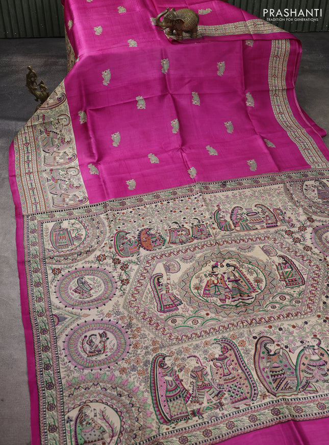 Madhubani printed silk saree pink and beige with butta prints and madhubani printed border