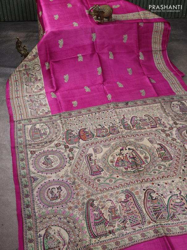 Madhubani printed silk saree pink and beige with butta prints and madhubani printed border