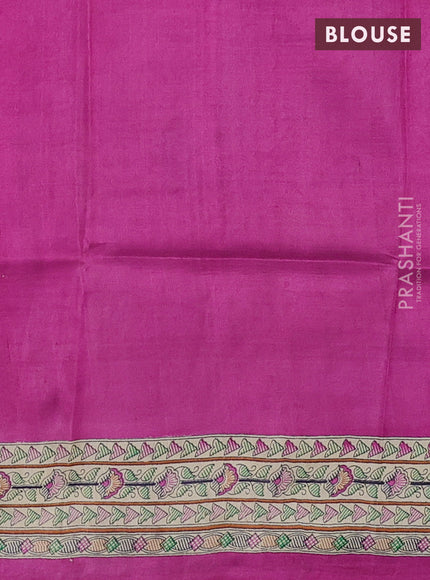Madhubani printed silk saree pink and beige with butta prints and madhubani printed border