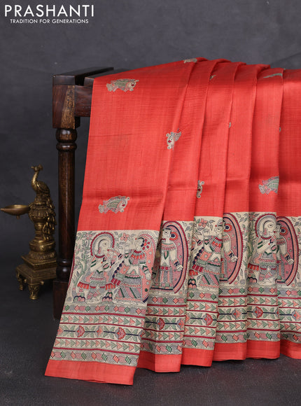 Madhubani printed silk saree orange and beige with butta prints and madhubani printed border