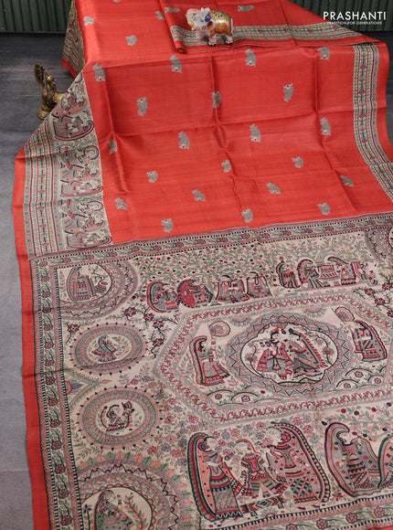 Madhubani printed silk saree orange and beige with butta prints and madhubani printed border