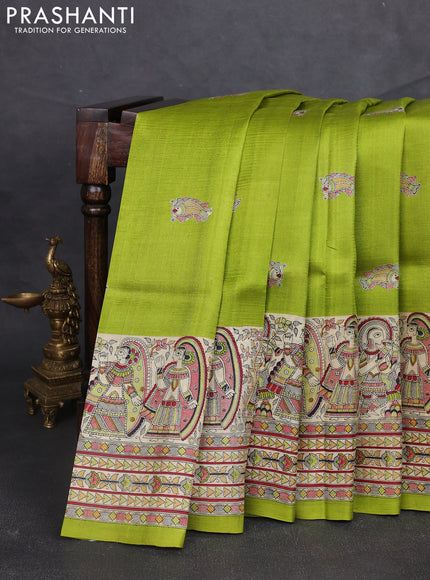 Madhubani printed silk saree light green and beige with butta prints and madhubani printed border