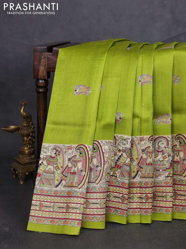 Madhubani printed silk saree light green and beige with butta prints and madhubani printed border