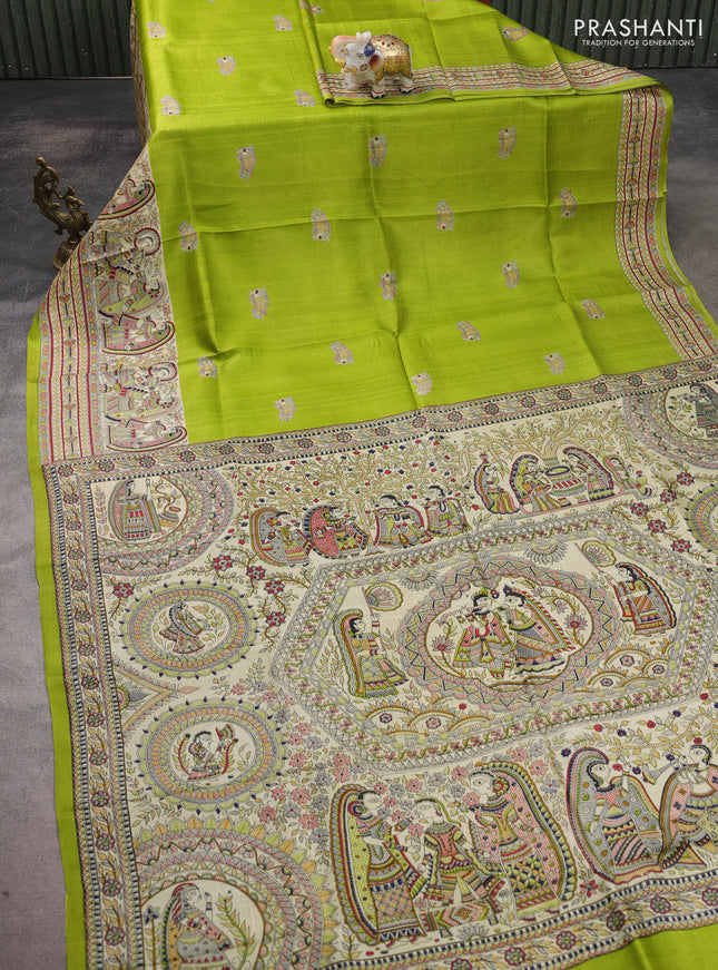 Madhubani printed silk saree light green and beige with butta prints and madhubani printed border