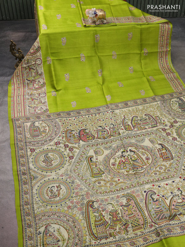 Madhubani printed silk saree light green and beige with butta prints and madhubani printed border