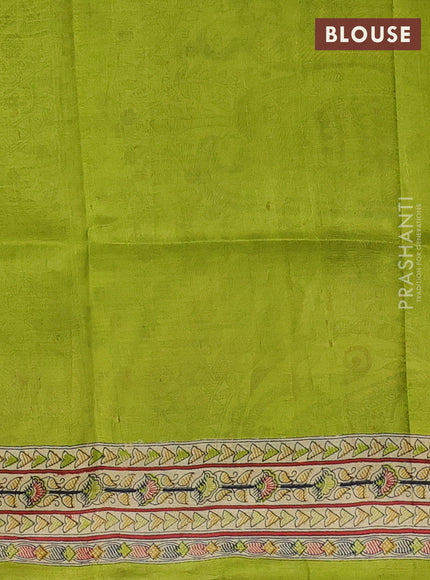 Madhubani printed silk saree light green and beige with butta prints and madhubani printed border
