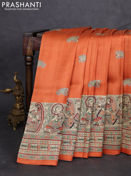 Madhubani printed silk saree orange and beige with butta prints and madhubani printed border