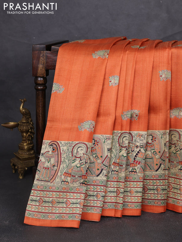 Madhubani printed silk saree orange and beige with butta prints and madhubani printed border