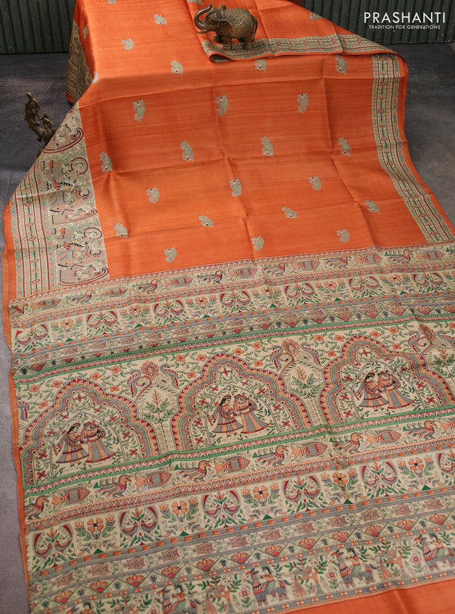 Madhubani printed silk saree orange and beige with butta prints and madhubani printed border