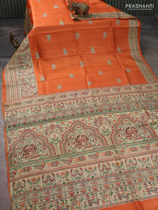 Madhubani printed silk saree orange and beige with butta prints and madhubani printed border