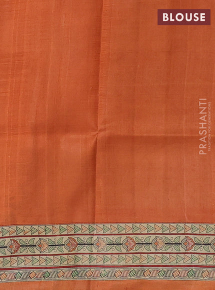 Madhubani printed silk saree orange and beige with butta prints and madhubani printed border