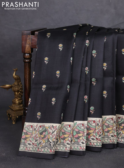 Madhubani printed silk saree black and beige with butta prints and madhubani printed border