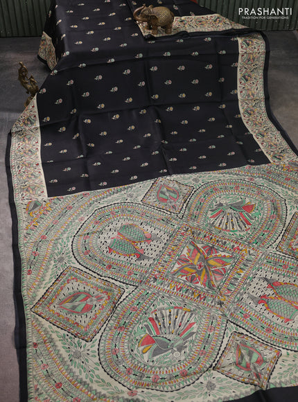 Madhubani printed silk saree black and beige with butta prints and madhubani printed border