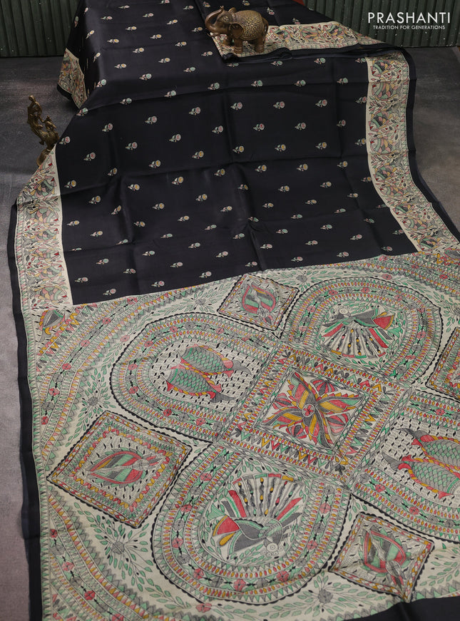 Madhubani printed silk saree black and beige with butta prints and madhubani printed border