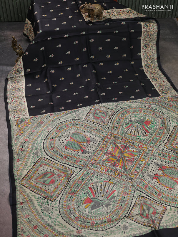 Madhubani printed silk saree black and beige with butta prints and madhubani printed border