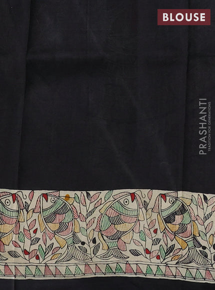 Madhubani printed silk saree black and beige with butta prints and madhubani printed border