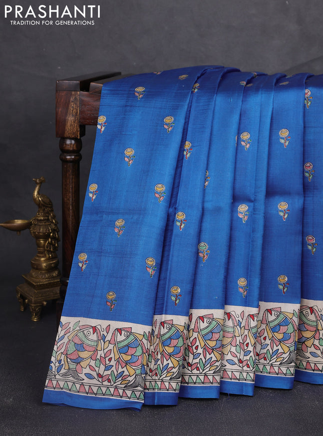 Madhubani printed silk saree blue and beige with butta prints and madhubani printed border