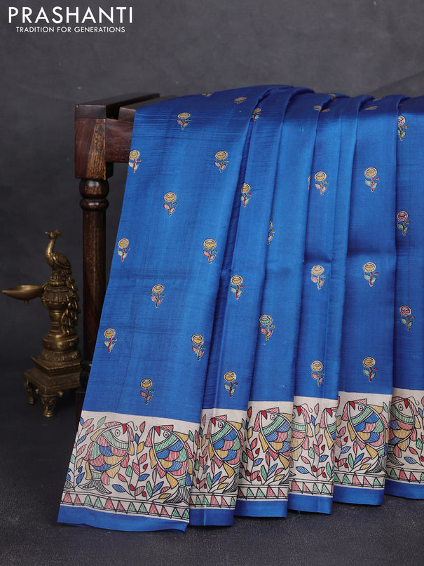 Madhubani printed silk saree blue and beige with butta prints and madhubani printed border