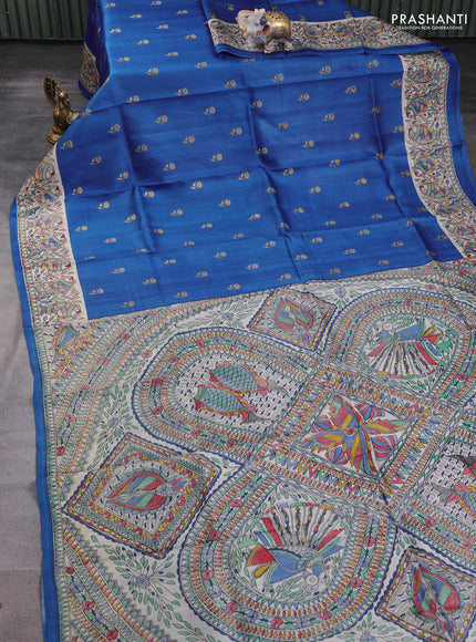 Madhubani printed silk saree blue and beige with butta prints and madhubani printed border