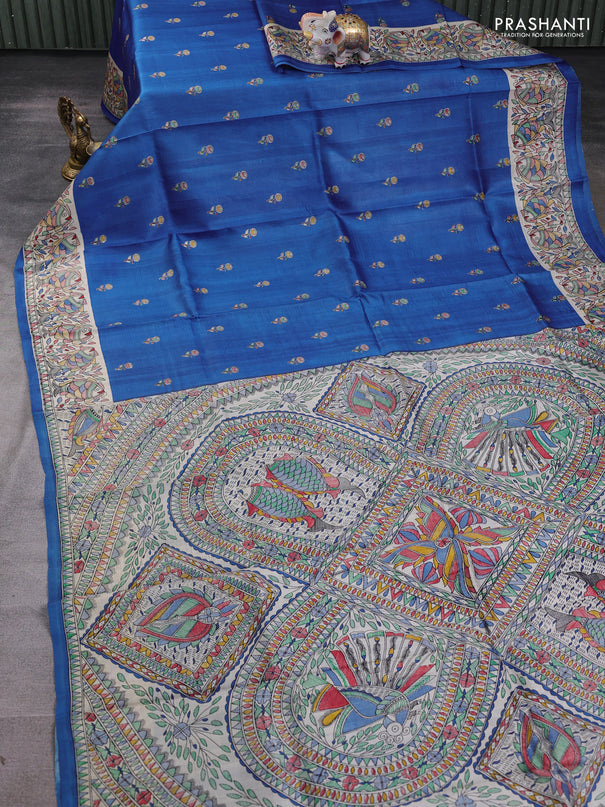 Madhubani printed silk saree blue and beige with butta prints and madhubani printed border