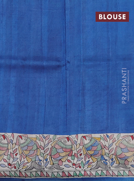 Madhubani printed silk saree blue and beige with butta prints and madhubani printed border