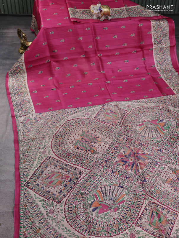 Madhubani printed silk saree dark pink and beige with butta prints and madhubani printed border