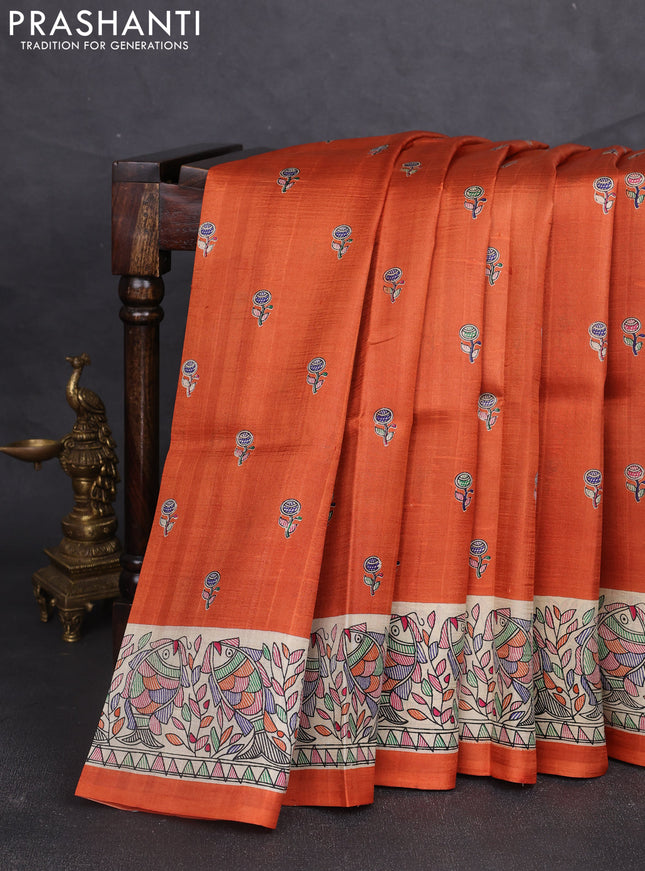 Madhubani printed silk saree orange and beige with butta prints and madhubani printed border