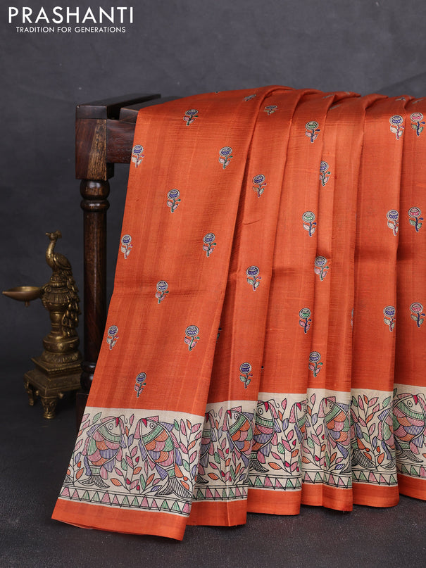 Madhubani printed silk saree orange and beige with butta prints and madhubani printed border