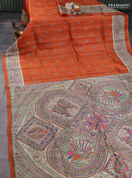 Madhubani printed silk saree orange and beige with butta prints and madhubani printed border