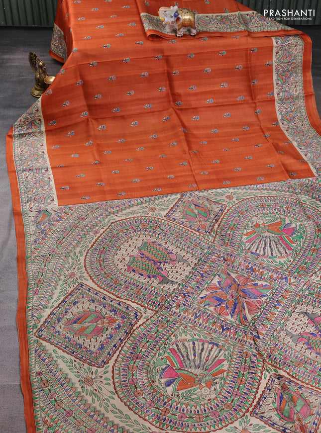 Madhubani printed silk saree orange and beige with butta prints and madhubani printed border