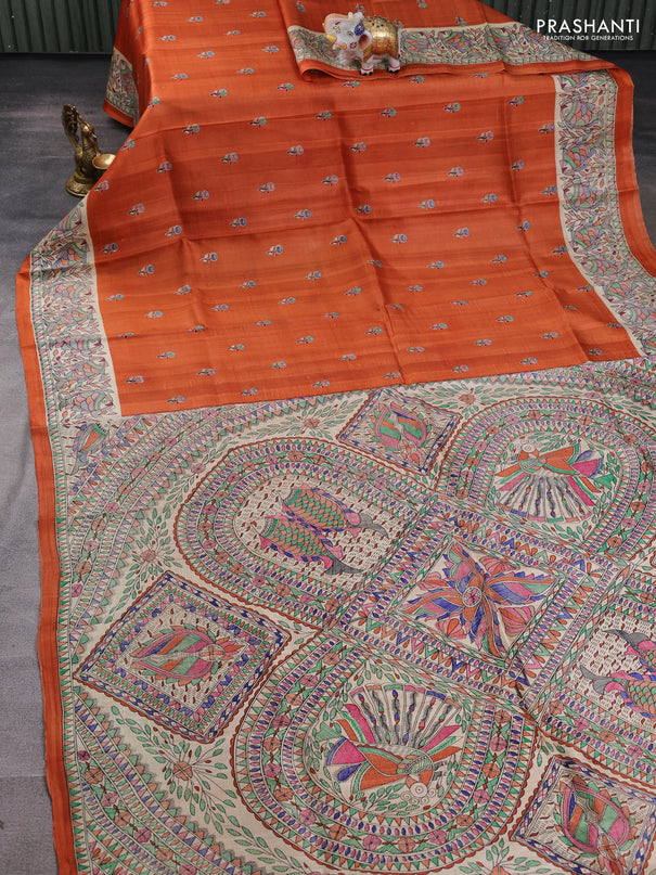 Madhubani printed silk saree orange and beige with butta prints and madhubani printed border
