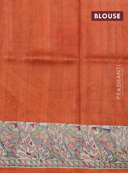 Madhubani printed silk saree orange and beige with butta prints and madhubani printed border