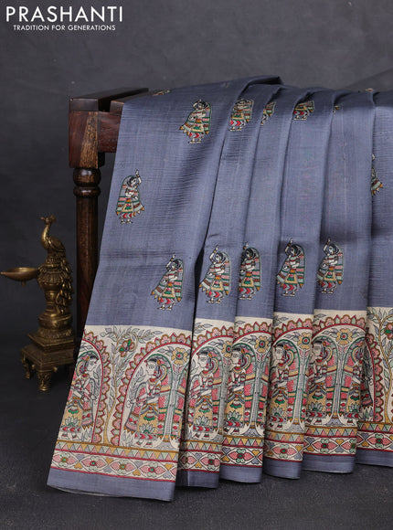Madhubani printed silk saree grey and beige with butta prints and madhubani printed border