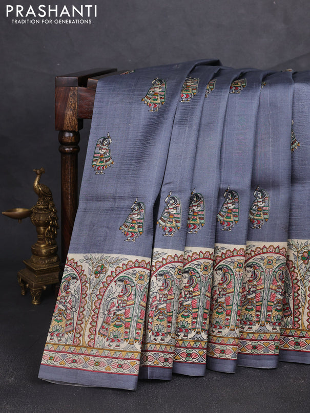 Madhubani printed silk saree grey and beige with butta prints and madhubani printed border