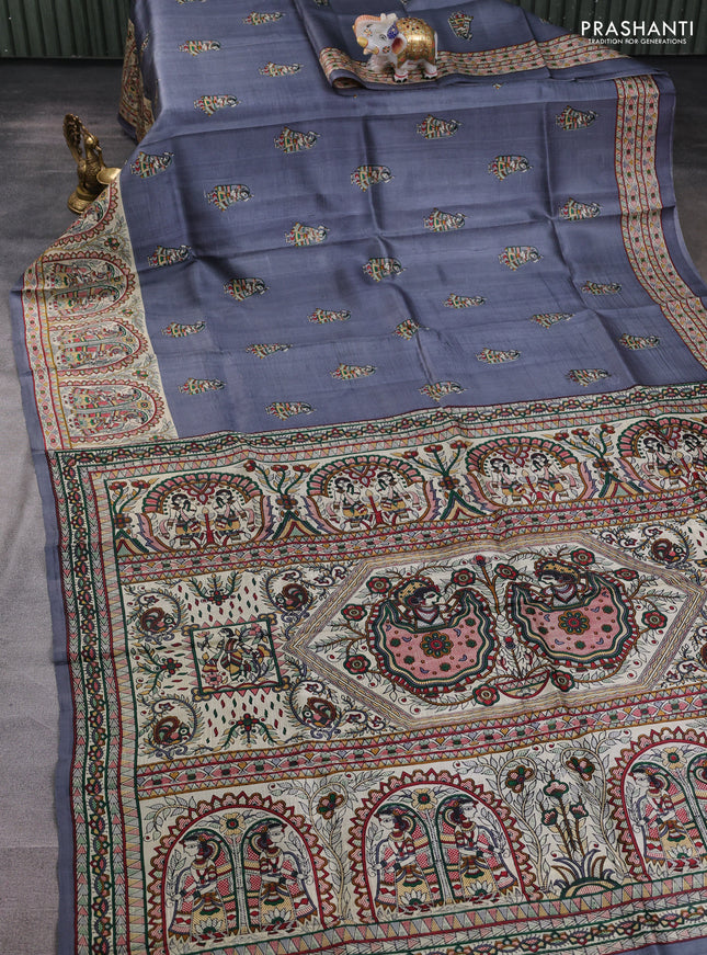 Madhubani printed silk saree grey and beige with butta prints and madhubani printed border